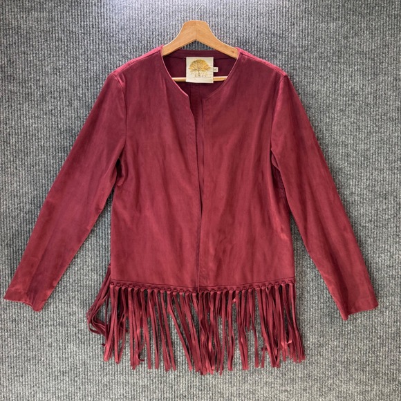 Boho Fringe Festival Jacket M Suede Look‎ Maroon Cowgirl Western Vibes Y2K - Picture 1 of 9